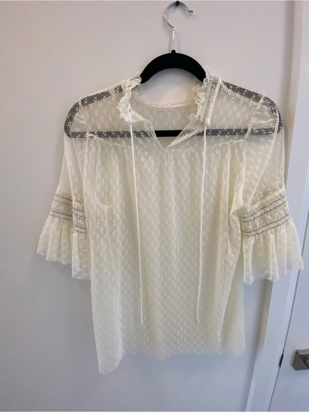 Ivory Sheer Lace Tie-Neck Blouse with Ruffled Sleeves